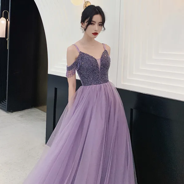 Charming Purple Prom Dresses 2021 A-Line / Princess Spaghetti Straps Beading Crystal Tassel Sleeveless Backless Floor-Length / Long Formal Dresses
