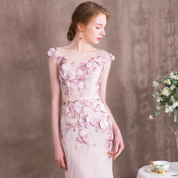 Chic / Beautiful Candy Pink Evening Dresses  2018 Trumpet / Mermaid Appliques Sash Lace Scoop Neck Floor-Length / Long Formal Dresses