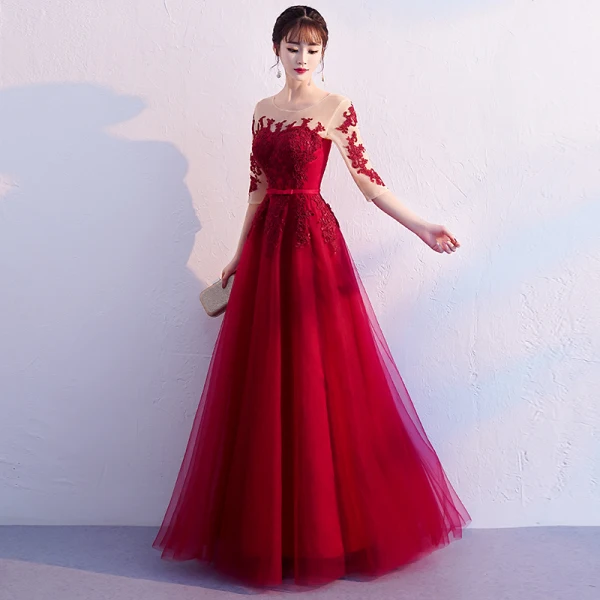 Elegant Burgundy Evening Dresses 2019 A-Line / Princess Scoop Neck Bow Lace Flower 1/2 Sleeves Backless Floor-Length / Long Formal Dresses