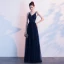 Élégant Bleu Marine Robe De Soirée 2020 Princesse Bretelles Spaghetti Faux Diamant Sans Manches Dos Nu Longue Robe De Ceremonie