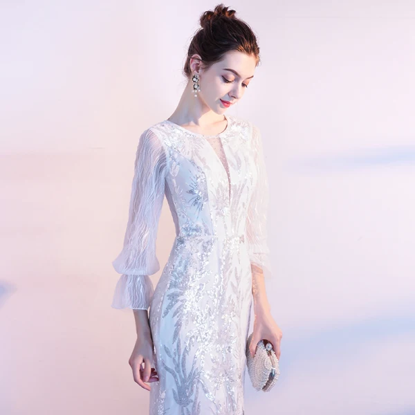 Charmant Blanche Robe De Soirée 2020 Trompette / Sirène Encolure Dégagée Paillettes 3/4 Manches Longue Robe De Ceremonie