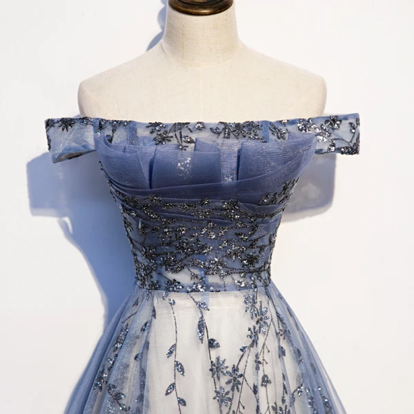Modern / Fashion Ocean Blue Evening Dresses 2020 A-Line / Princess Off-The-Shoulder Sequins Short Sleeve Backless Floor-Length / Long Formal Dresses