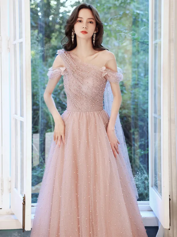 Lovely Pearl Pink Pearl Prom Dresses 2021 A-Line / Princess V-Neck Short Sleeve Backless Floor-Length / Long Formal Dresses