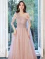 Lovely Pearl Pink Pearl Prom Dresses 2021 A-Line / Princess V-Neck Short Sleeve Backless Floor-Length / Long Formal Dresses