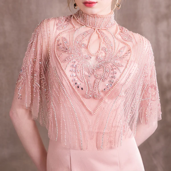 Luxury / Gorgeous Pearl Pink Evening Dresses  2018 Trumpet / Mermaid Beading Crystal Rhinestone Pearl High Neck Backless Short Sleeve Sweep Train Formal Dresses