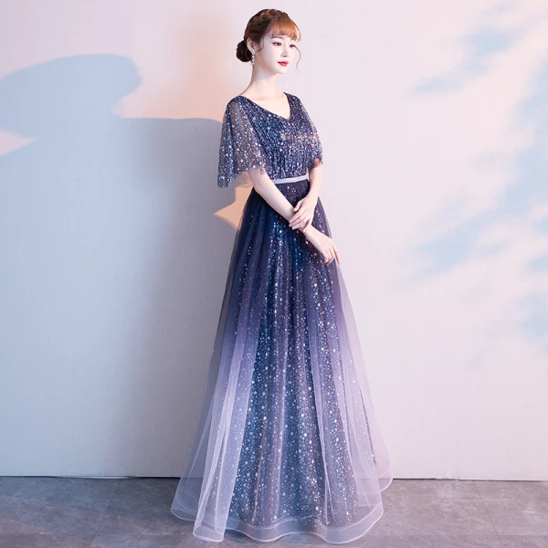 Modern / Fashion Navy Blue Starry Sky Evening Dresses  2019 A-Line / Princess V-Neck Star Sequins Short Sleeve Backless Floor-Length / Long Formal Dresses
