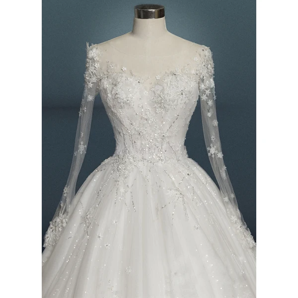 Luxury / Gorgeous Ivory Wedding Dresses 2019 A-Line / Princess Scoop Neck Beading Lace Flower Appliques Crystal Pearl Long Sleeve Backless Royal Train