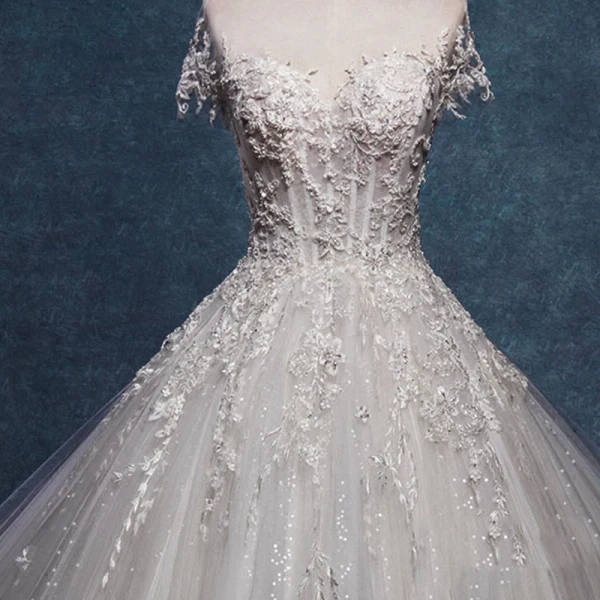 Charming Ivory Wedding Dresses 2019 A-Line / Princess Scoop Neck Beading Crystal Sequins Lace Flower Short Sleeve Backless Cathedral Train