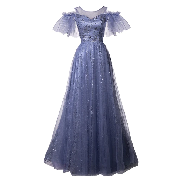 Modern / Fashion Ocean Blue Evening Dresses 2019 A-Line / Princess Scoop Neck Star Sequins Short Sleeve Backless Floor-Length / Long Formal Dresses