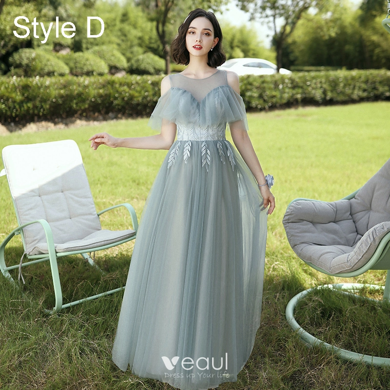 Modest Simple Sage Green Embroidered Bridesmaid Dresses 2021 A Line Princess V Neck Short Sleeve Backless