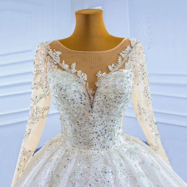Luxury / Gorgeous Ivory Beading Crystal Wedding Dresses 2021 Ball Gown Glitter Sequins Scoop Neck Long Sleeve Cathedral Train Wedding