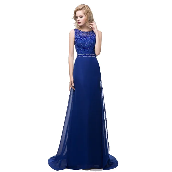 Modern / Fashion Royal Blue Chiffon See-through Evening Dresses 2018 A-Line / Princess Scoop Neck Sleeveless Pearl Rhinestone Beading Sweep Train Ruffle Formal Dresses