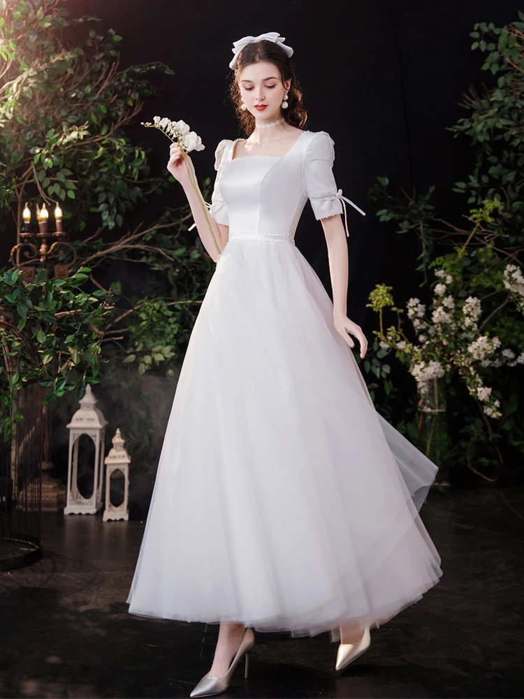 knee length dresses for ladies A-line Off-the-shoulder Lace Wedding Dresses With Sleeve Princess Wedding  Dress SEW056 main image 0