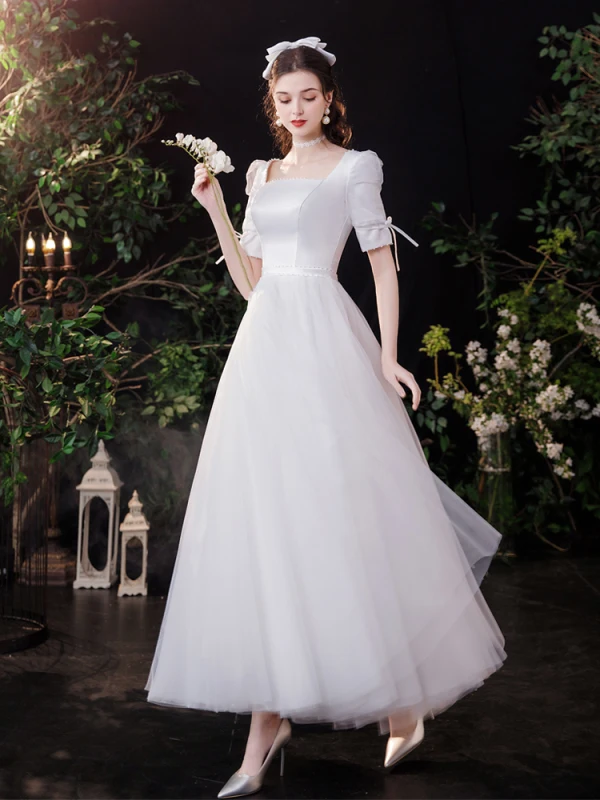 Modest / Simple Elegant Ivory Satin Wedding Dresses 2021 A-Line / Princess Pearl Square Neckline 1/2 Sleeves Backless Bow Floor-Length / Long Wedding Modest / Simple Elegant Ivory Satin Wedding Dresses 2021 A-Line / Princess Pearl Square Neckline 1/2 Sleeves Backless Bow Floor-Length / Long Wedding