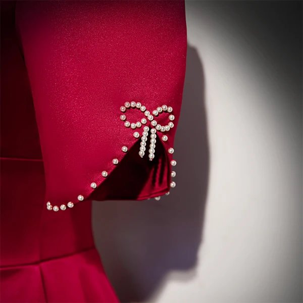 Vintage / Retro Burgundy Satin Prom Dresses 2021 A-Line / Princess Pearl Square Neckline Short Sleeve Backless Floor-Length / Long Prom Formal Dresses