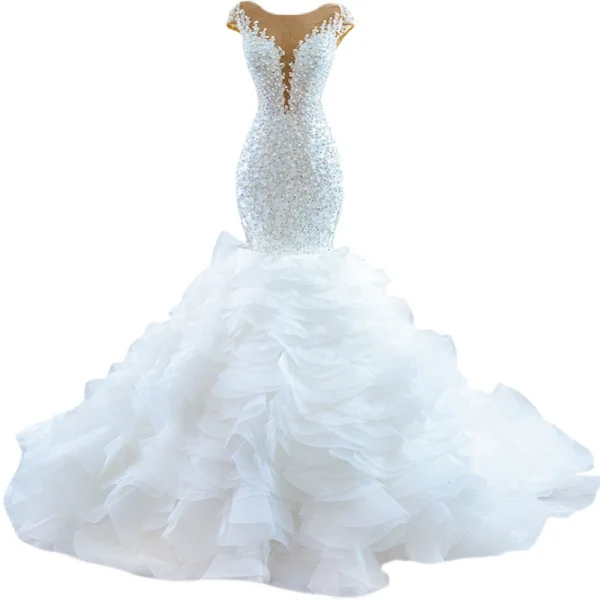 Vintage High End Ivory / Creme Brautkleider / Hochzeitskleider 2021 Meerjungfrau Rundhalsausschnitt Perlenstickerei Perle Pailletten Ärmel Fallende Rüsche Kapelle-Schleppe Hochzeit