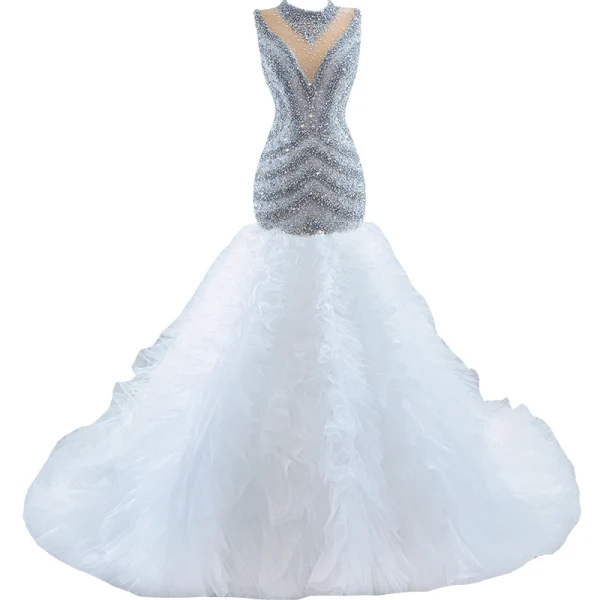 High-end White Glitter Wedding Dresses 2021 Trumpet / Mermaid Scoop Neck Beading Crystal Sequins Sleeveless Chapel Train Wedding