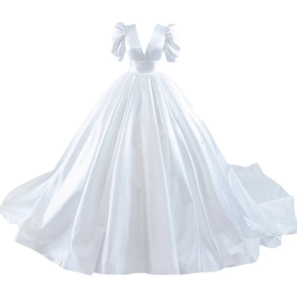 Victorian Style Vintage / Retro Ivory Satin Wedding Dresses 2021 Ball Gown V-Neck Puffy Short Sleeve Royal Train Wedding