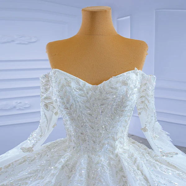 High-end White Wedding Dresses 2021 Ball Gown Off-The-Shoulder Beading Sequins Lace Flower Long Sleeve Backless Royal Train Wedding