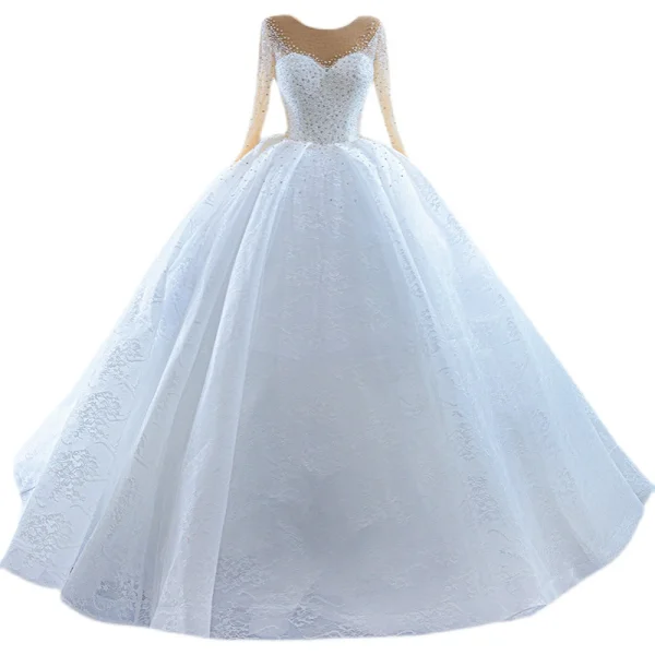Elegant High-end White Wedding Dresses 2021 Ball Gown Scoop Neck Beading Pearl Sequins Long Sleeve Chapel Train Wedding