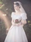 Vintage Schlicht Ivory / Creme Satin Brautkleider / Hochzeitskleider 2021 A Linie Eckiger Ausschnitt Kurze Ärmel Rückenfreies Schleife Wadenlang Hochzeit