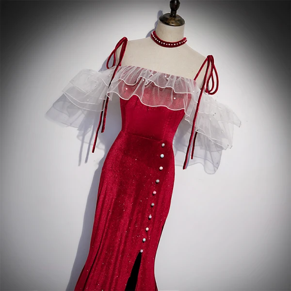Charming Burgundy Pearl Suede Split Front Evening Dresses 2021 Trumpet / Mermaid Spaghetti Straps Sleeveless Backless Evening Party Floor-Length / Long Formal Dresses
