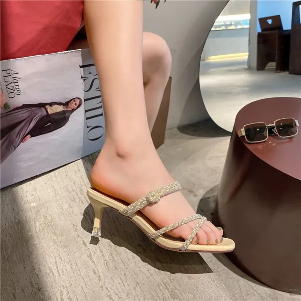 Sexy Beige Vêtement de rue Paillettes Sandales Femme 2021 6 cm Talons Aiguilles Peep Toes / Bout Ouvert Sandales Talons Hauts
