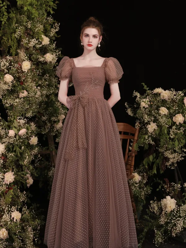 Vintage / Retro Brown Spotted Prom Dresses 2021 A-Line / Princess Square Neckline Short Sleeve Backless Floor-Length / Long Prom Formal Dresses