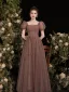 Vintage / Retro Brown Spotted Prom Dresses 2021 A-Line / Princess Square Neckline Short Sleeve Backless Floor-Length / Long Prom Formal Dresses