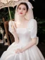 Schlicht Vintage Ivory / Creme Satin Brautkleider / Hochzeitskleider 2021 A Linie Eckiger Ausschnitt Kurze Ärmel Rückenfreies Schleife Wadenlang Hochzeit