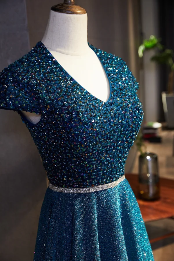 Vintage Marineblau Ballkleider 2021 A Linie V-Ausschnitt Perlenstickerei Strass Pailletten Kurze Ärmel Rückenfreies Lange Ball Festliche Kleider