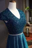 Vintage Marineblau Ballkleider 2021 A Linie V-Ausschnitt Perlenstickerei Strass Pailletten Kurze Ärmel Rückenfreies Lange Ball Festliche Kleider
