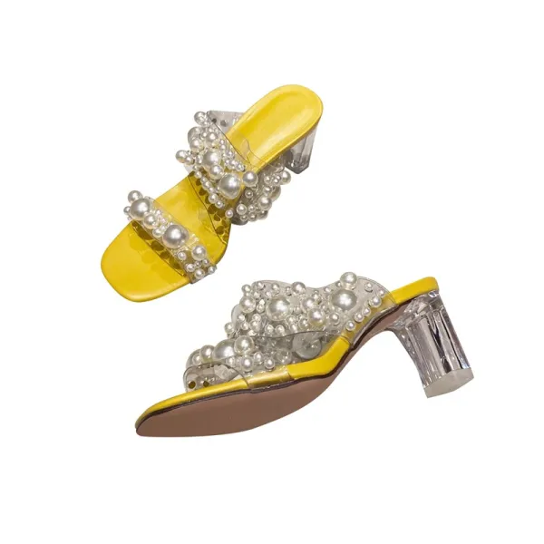 Chic / Beautiful Yellow Street Wear Pearl Womens Sandals 2021 7 cm Crystal Thick Heels Open / Peep Toe Sandals High Heels