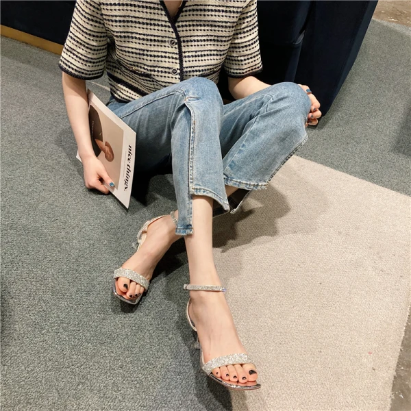 Sexy Beige Evening Party Rhinestone Womens Sandals 2021 6 cm Stiletto Heels Open / Peep Toe Sandals High Heels