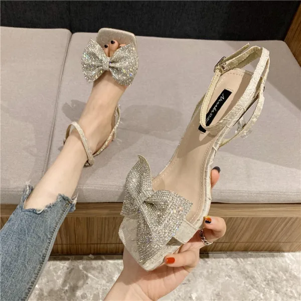 Charmant Rosa Abend Sandalen Damen 2021 Knöchelriemen Strass Schleife 5 cm Stilettos Peeptoes Sandaletten Hochhackige