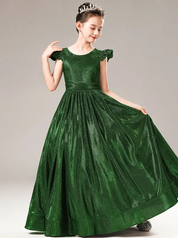 Chic / Beautiful Dark Green Sequins Evening Party Flower Girl Dresses 2021 A-Line / Princess Scoop Neck Cap Sleeves Zipper Up Floor-Length / Long