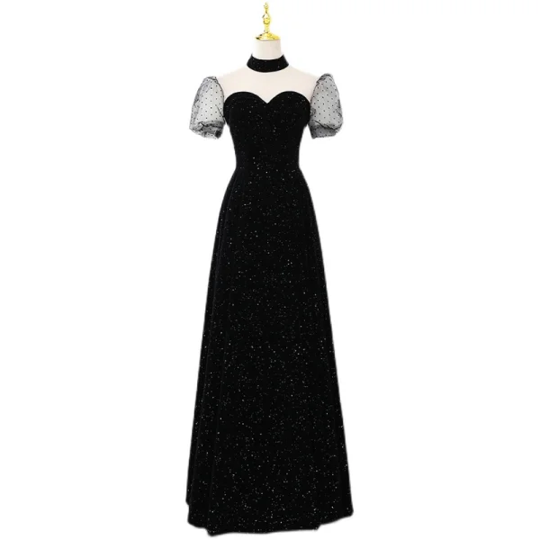 Élégant Noire Tachetée Paillettes Robe De Soirée 2021 Princesse Satin Col Haut Manches Courtes Dos Nu Longue Soirée Robe De Ceremonie