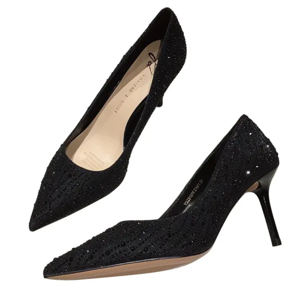 Chic / Beautiful Black Rhinestone Pumps 2021 7 cm Stiletto Heels Evening Party Pointed Toe Pumps High Heels