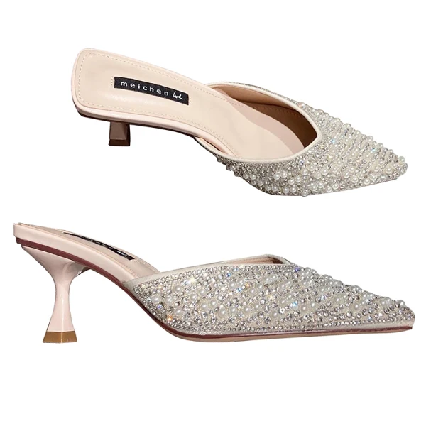 Chic / Beautiful Black Casual Pearl Rhinestone Womens Sandals 2021 6 cm Stiletto Heels Pointed Toe Sandals High Heels