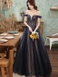 Vintage / Retro Navy Blue Prom Dresses 2021 A-Line / Princess Off-The-Shoulder Beading Sequins Sleeveless Backless Floor-Length / Long Prom Formal Dresses