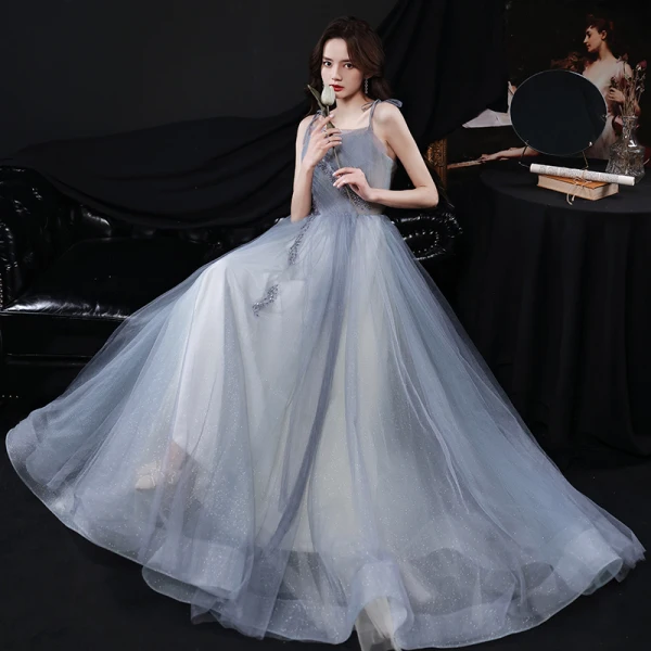 Chic / Belle Bleu Ciel Gris Paillettes Robe De Bal 2021 Princesse Bretelles Spaghetti Sans Manches Dos Nu Longue Promo Robe De Ceremonie