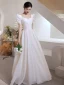 Modest / Simple Vintage / Retro Ivory Satin Wedding Dresses 2021 A-Line / Princess Pearl Square Neckline Short Sleeve Backless Floor-Length / Long Wedding