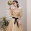 Fashion Yellow Spotted Prom Dresses 2021 A-Line / Princess Square Neckline Short Sleeve Bow Backless Floor-Length / Long Prom Formal Dresses