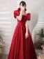 Elegant Burgundy Satin Prom Dresses 2021 A-Line / Princess Square Neckline Short Sleeve Bow Backless Floor-Length / Long Prom Formal Dresses