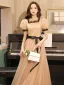 Vintage / Retro Champagne Spotted Prom Dresses 2021 A-Line / Princess Square Neckline Short Sleeve Bow Floor-Length / Long Prom Formal Dresses