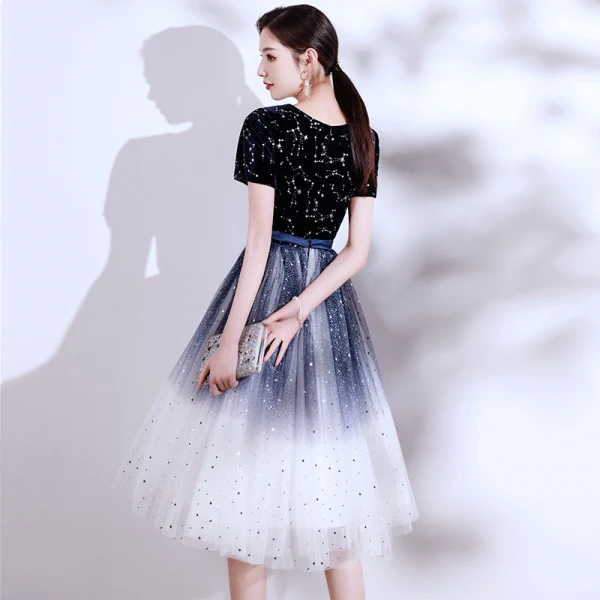 Modern / Fashion Navy Blue Suede Homecoming Graduation Dresses 2021 A-Line / Princess V-Neck Star Sequins Sash Bow Short Sleeve Tea-length Formal Dresses