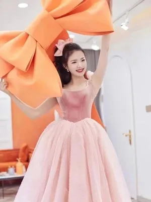 Vintage / Retro Blushing Pink Suede Prom Dresses 2021 A-Line / Princess U-Neck Short Sleeve Tea-length Prom Formal Dresses