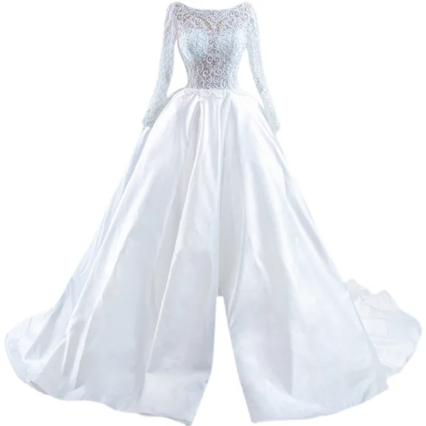High-end Ivory Split Front Satin Wedding Dresses 2021 Ball Gown Scoop Neck Lace Flower Long Sleeve Chapel Train Wedding