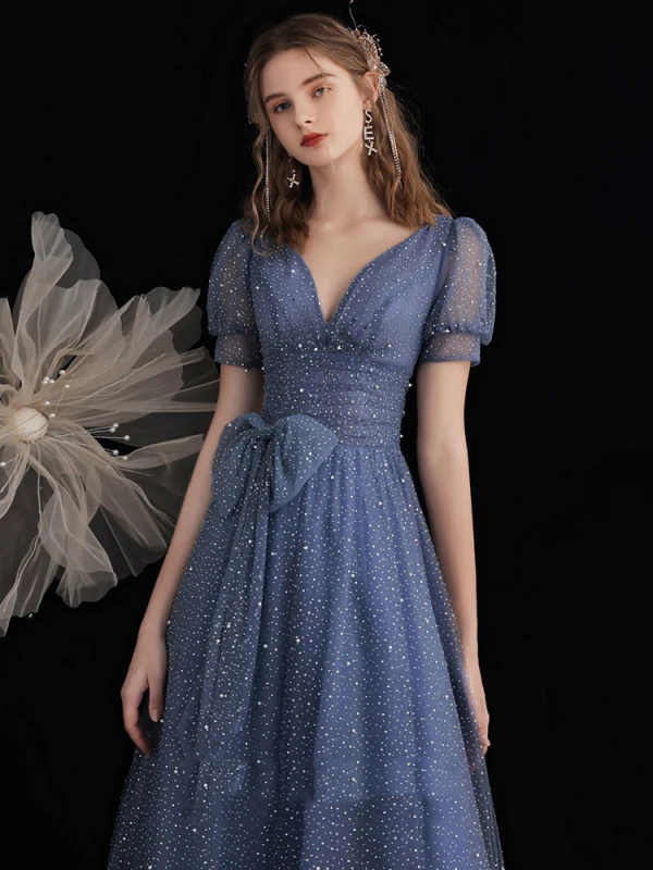 Fashion Ocean Blue Glitter Starry Sky Prom Dresses 2021 A-Line / Princess V-Neck Beading Pearl Sequins Short Sleeve Bow Backless Prom