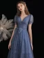 Fashion Ocean Blue Glitter Starry Sky Prom Dresses 2021 A-Line / Princess V-Neck Beading Pearl Sequins Short Sleeve Bow Backless Prom